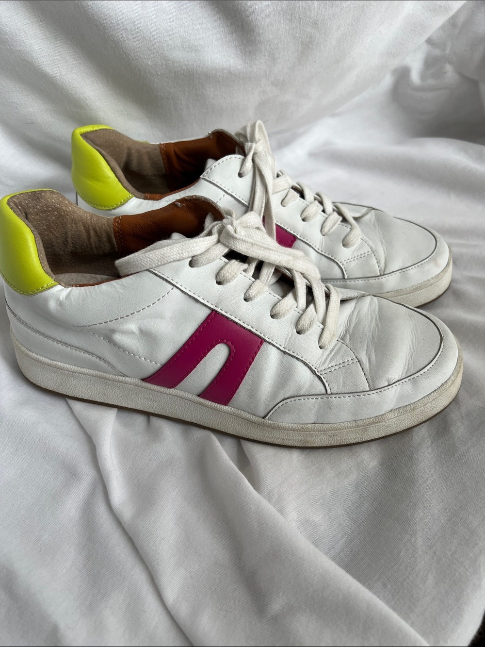Lucky Brand White Leather Sneakers with Pink Side Accent and Neon Yellow Heel